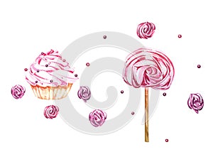 Watercolor illustration of cake. Perfect for invitation, wedding or greeting cards. With beautiful watercolor ink drops