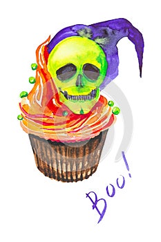 Watercolor illustration of a cake with a skull in a hat on Halloween.Isolated on white background