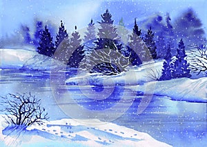 Watercolor illustration of a calm winter lake with fir trees on the horizon