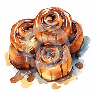 Watercolor Illustration Of Caramel Cinnamon Rolls With Chocolate Glaze