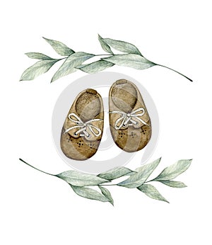 Watercolor illustration card with baby boots and eucalyptus