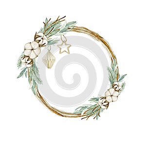 Watercolor illustration card with christmas  decor wreath cotton eucalyptus