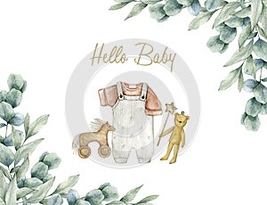 Watercolor illustration card hello baby with eucalyptus frame jumpsuit and toys