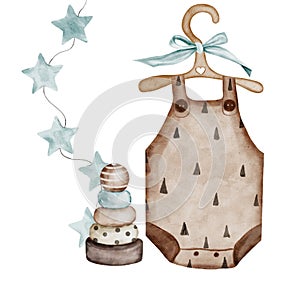 Watercolor illustration card welcome baby with wooden hanger, baby clothes, star garland and pyramid. Clip art of baby