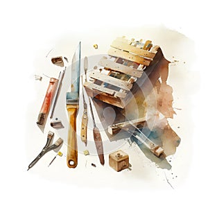 Watercolor illustration of carpenter tools. Hand drawn watercolor illustration.