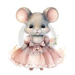 watercolor illustration of a cartoon adorable mouse in a pink dress on a white background