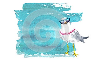 Watercolor illustration of a cartoon seagull. Seagull with glasses, watercolor drawing, on a white background