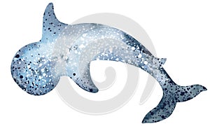 Watercolor illustration of a cartoon whale shark. Marine inhabitants of the underwater world.