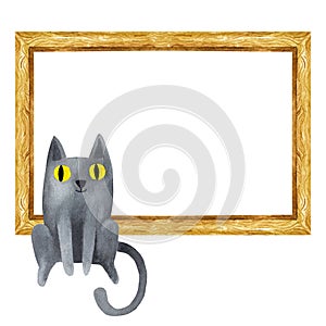 Watercolor illustration of a cat with a wooden frame, museum black cat