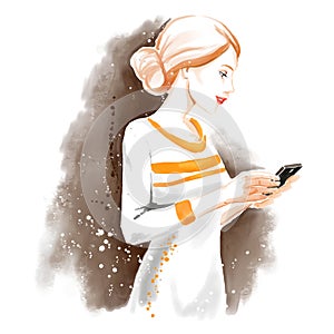 Watercolor illustration, chating girl