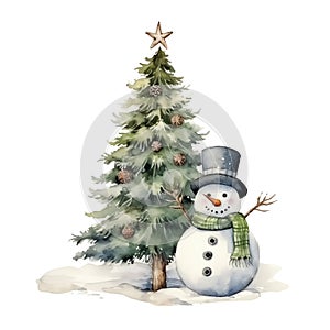 Watercolor illustration of cheerful snowman with Christmas tree isolated on white background