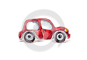 Watercolor illustration.children's toy red car. Isolated on a white background