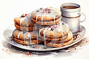 Watercolor illustration of Christmas cookies and a cup of tea, coffee on a white background.