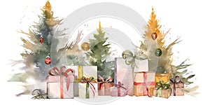 Watercolor Illustration Of Christmas Gifts Under New Year Trees