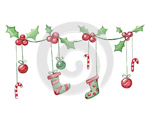 Watercolor illustration Christmas it is green a red garland