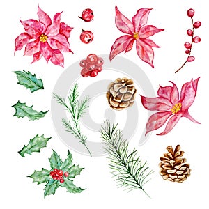 Watercolor illustration of Christmas and New Year decorations