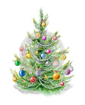 Watercolor illustration: Christmas tree decorated with balls on a white background. Template for the design of posters