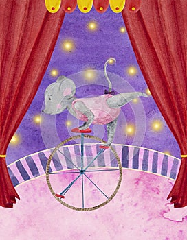 Watercolor illustration of a circus acrobat on a monocycle