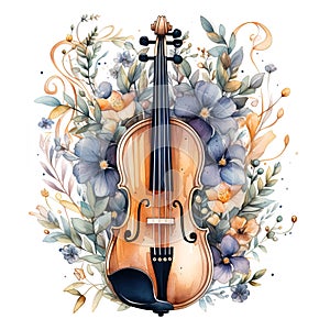 watercolor illustration clipart violin among abstract flowers and plants