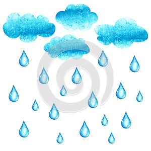 Watercolor illustration with cluods and rain drops