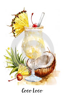 Watercolor illustration of Coco Loco cocktail isolated on white