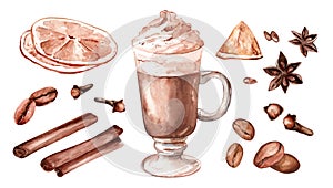 Watercolor illustration of coffee with cinnamon