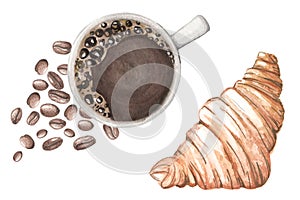 Watercolor illustration with coffee and croissant