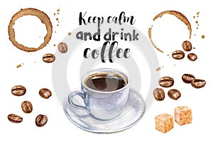 Watercolor illustration of coffee and desserts close up. A hand-drawn set of drinks, coffee and desserts. Design