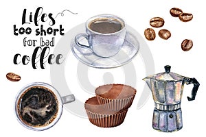 Watercolor illustration of coffee and desserts close up. A hand-drawn set of drinks, coffee and desserts. Design
