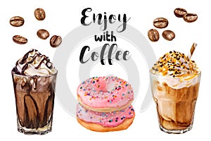 Watercolor illustration of coffee and desserts close up. A hand-drawn set of drinks, coffee and desserts. Design