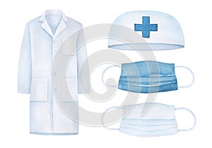 Watercolor illustration collection of medical uniform objects: doctor coat, cap, cross symbol, blue and white face masks.