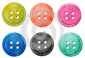 Watercolor illustration collection of six colorful sewing buttons.