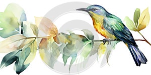 Watercolor Illustration Of Colorful Bird Sitting A Branch