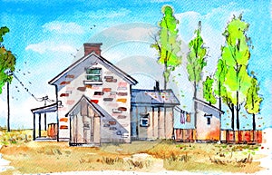 Watercolor illustration of a colorful brick house with an extention