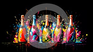 Watercolor illustration colorful champagne bottles set on a black background