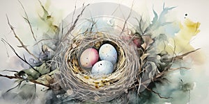 Watercolor Illustration Of Colorful Eggs In A Bird Nest, Easter Concept