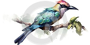 Watercolor Illustration Of Colorful Forest Bird Sitting A Branch