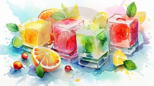 Watercolor illustration of colorful jelly cubes with fruit and berries. Ideal for art prints, recipe book, culinary blog