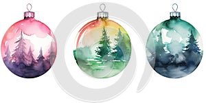 Watercolor Illustration Of Colorful New Year Tree Decorations