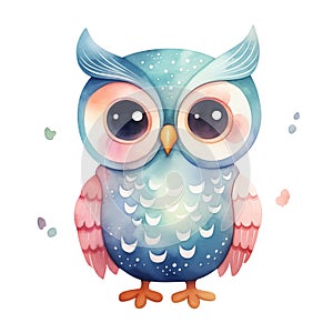 Watercolor illustration of colorful owl isolated on white background