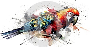 Watercolor Illustration Of Colorful Parrot Sitting A Branch With Paint Drops And Splashes On White