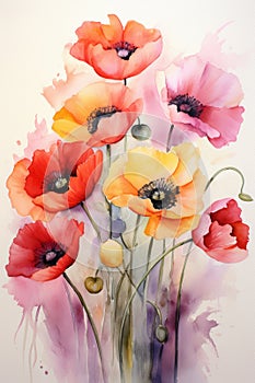 Watercolor illustration of colorful poppies in the field. Aquarelle paper texture visible.