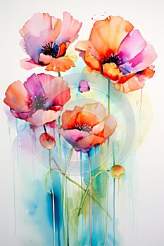 Watercolor illustration of colorful poppies in the field. Aquarelle paper texture visible.