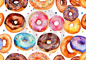 Watercolor illustration of colorful set of donuts on white background.