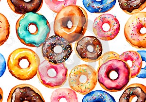 Watercolor illustration of colorful set of donuts on white background.