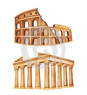 Watercolor illustration of The Colosseum and the Acropolis of Athens.
