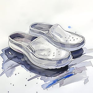 Watercolor Illustration of Comfortable White Clogs