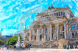 Watercolor illustration of Concert hall at Gendarmenmarkt place in Berlin