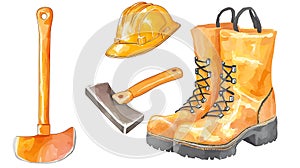 Watercolor Illustration of Construction Workers Tools and Boots