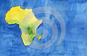 Watercolor illustration: the Continent of Africa, physical map, blue background.